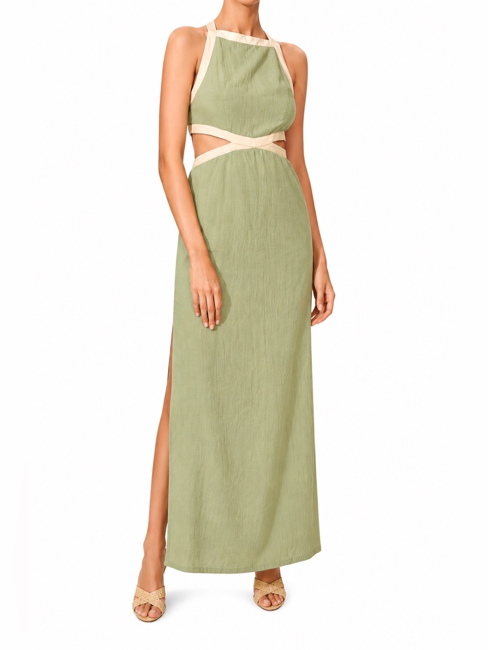 Sage Green Halter Cotton Maxi Dress with Cream Trim NWOT